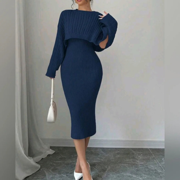 Privé New Round Neck Twist Floral Knit Pullover Sweater Dress 2Pcs Set For